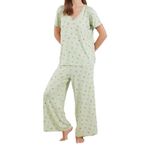 Frm Kadın Moda Şık V Yaka Geniş Paça Kısa Kol Çiçekli Örme Pijama Takımı, Mint-Çok Renkli, M