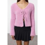 FRM Kadın Moda Şık V Yaka Standart Kol Crop Tüylü Bağlama Detaylı Triko Hırka - Pembe