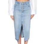 Frm Kadın Moda Stil Midi Astarsız Denim Önden Düğmeli Yırtmaçlı Midi Denim Etek, Mavi, 34