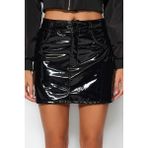FRM Kadın Moda Stil Mini Astarsız Dokuma Parlak Suni Deri Mini Dokuma Etek - Siyah - 32