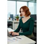 FRM Kadın Modern Fitted Triko Bluz Devrik Carmen Yaka Ince Fitilli Dokuma Uzun Kol Crop Tasarım - Zümrüt Yeşili