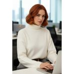 FRM Kadın Oversize Balıkçı Yaka Düşük Kol Triko Kazak Süper Crop Boy Kışlık Rahat ve Şık Tasarım - Ekru
