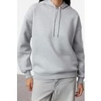 Frm Kadın Oversize Kapüşonlu Düşük Kol Uzun Kalın İçi Polarlı Sırt Baskılı Geniş Kalıp Örme Sweatshirt, Gri Melanj, Xs