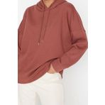 Frm Kadın Oversize Kapüşonlu Düşük Kol Uzun Kalın İçi Polarlı Sırt Baskılı Geniş Kalıp Örme Sweatshirt, Kahverengi, S