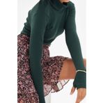 Frm Kadın Şık Crop Balıkçı Yaka Slim Kalıp Örme Fitted Vücuda Oturan Parmak Detaylı Fitilli Esnek Bluz, Zümrüt Yeşili, Xl