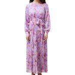 Frm Kadın Tesettür Maxi Boy Regular Çiçekli Kuşak Detaylı Astarlı Piliseli Şifon Dokuma Elbise, Pembe, 40