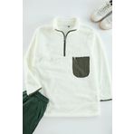 Frm Kadın Tesettür Moda Şık Relaxed Dik Yaka Standart Kol Uzun Fermuar Yaka Cep Detaylı Peluş Sweatshirt, Ekru, Xs