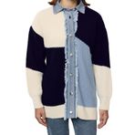 Frm Kadın Tesettür Moda Şık Uzun Gömlek Yaka Uzun Kol Renk Bloklu Denim Kumaşlı Triko Hırka, Mavi, S