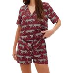 Frm Kadın Viskon Ceket Yaka Kısa Kol Desenli Viskon Gömlek-Şort Dokuma Pijama Takımı, Bordo, 38