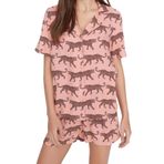 Frm Kadın Viskon Ceket Yaka Kısa Kol Desenli Viskon Gömlek-Şort Dokuma Pijama Takımı, Gül Kurusu, 38