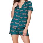 Frm Kadın Viskon Ceket Yaka Kısa Kol Desenli Viskon Gömlek-Şort Dokuma Pijama Takımı, Zümrüt Yeşili, 36