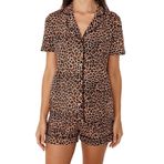 Frm Kadın%100 Pamuk Gömlek Yaka Kısa Kol%100 Pamuk Leopar Desenli Örme Pijama Takımı, Çok Renkli, M