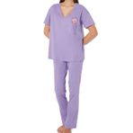 Frm Kadın%100 Pamuk V Yaka Kısa Kol Baskılı Cep Detaylı Geniş Kalıp T-Shirt Pantolon Örme Pijama Takımı, Lila, Xl