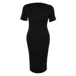 Frm Yeni Fit Gündüz Gece Kaşkorse Örme Bisiklet Yaka Kısa Kol Bodycone Midi Boy Büyük Beden Elbise, Siyah, 5Xl