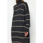 Frm Yeni Oversize Casual Günlük Çift Plaka Triko Balıkçı Yaka Uzun Kol Shift Maxi Boy Elbise, Antrasit, L