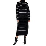 Frm Yeni Oversize Casual Günlük Çift Plaka Triko Balıkçı Yaka Uzun Kol Shift Maxi Boy Elbise, Siyah, L