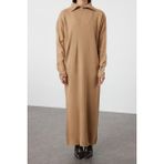 Frm Yeni Rahat Casual Günlük Çift Plaka Triko Dik Yaka Uzun Kol Shift Maxi Boy Tesettür Elbise - Camel