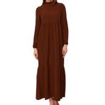 Frm Yeni Rahat Casual Günlük Crinkle Dokuma Dik Yaka Uzun Kol A-Line Maxi Boy Tesettür Elbise, Kahverengi, 36