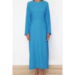 Frm Yeni Regular Casual Günlük Bürümcük Örme Bisiklet Yaka Uzun Kol Skater Maxi Boy Tesettür Elbise, Saks, Xs