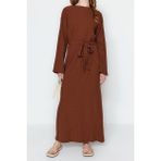 Frm Yeni Regular Casual Günlük Crinkle Dokuma Bisiklet Yaka Uzun Kol A-Line Maxi Boy Tesettür Elbise - Kahverengi - 40