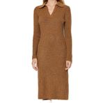 Frm Yeni Regular Casual Günlük Tek Plaka Triko Polo Yaka Uzun Kol Shift Midi Boy Elbise, Camel, M