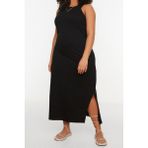Frm Yeni Slim Casual Günlük Süprem Örme Bisiklet Yaka Kolsuz Kol Shift Midi Boy Büyük Beden Elbise, Siyah, 6Xl