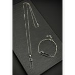 FRNCH 925 Ayar Gümüş Çengelli İğne Model Siyah Zirkon Taşlı Erkek Bileklik/Kolye Set FRJ12196-3196-S2