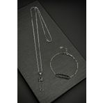 FRNCH 925 Ayar Gümüş Çengelli İğne Model Siyah Zirkon Taşlı Erkek Bileklik/Kolye Set FRJ12196-3196-S
