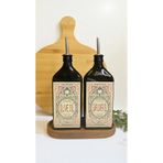 Frolde Ahşap Stantlı 2'li Amber 500 ml Yassı Cam Ayçiçek Yağı Zeytinyağı Şişesi Yağdanlık