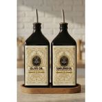 Frolde Home Ahşap Stantlı 2'li Amber 500 ml Yassı Cam Ayçiçek Yağı Zeytinyağı Şişesi Yağdanlık Beige - Kahverengi