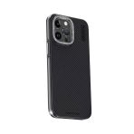 Fuchsia İphone 15 Pro İle Uyumlu Kılıf Aramid 600D Kevlar Gri Karbon Fiber Kablosuz Şarj Özellikli Kapak