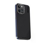 Fuchsia İphone 15 Pro Max İle Uyumlu Kılıf Aramid 600D Kevlar Lacivert Karbon Fiber Kablosuz Şarj Özellikli Kapak