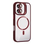 Fuchsia İphone 16 Plus İle Uyumlu Remim Lensli Bordo Kablosuz Şarj Özellikli Standlı Kapak