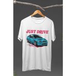 Fuddy Moda Just Drive Bmw E46 Baskılı T-Shirt, Araba Yarış Temalı Baskılı Tişört - Beyaz