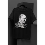 Fuddy Moda Mustafa Kemal Atatürk Imza Baskılı Unisex T-Shirt Erkek-Kadın Atatürk Baskılı T-Shirt - Siyah