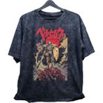 Fuddy Moda Oversize Berserk Vers Four Baskılı Yıkamalı T-Shirt, Unisex Anime Baskılı Retro Tişört - 2XL - Siyah