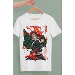 Fuddy Moda Oversize Demon Slayer Kamado Tanjiro 2 Baskılı T-Shirt, Unisex Anime Baskılı Tişört - Beyaz - 2XL