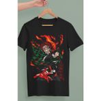 Fuddy Moda Oversize Demon Slayer Kamado Tanjiro 2 Baskılı T-Shirt, Unisex Anime Baskılı Tişört - Siyah - 4XL