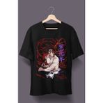 Fuddy Moda Oversize Demon Slayer Kokushibo Karakteri Tişört, Unisex Anime Baskılı T-Shirt - Siyah - 2XL