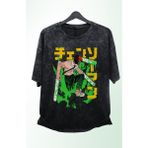 Fuddy Moda Oversize Renkli Chainsaw Man Baskılı Yıkamalı T-Shirt, Unisex Anime Baskılı Vintage Tişört - Siyah