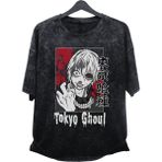 Fuddy Moda Oversize Tokyo Ghoul Kaneki Baskılı Yıkamalı T-Shirt, Unisex Anime Baskılı Vintage Tişört - Siyah