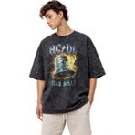 Fuddy Moda Unisex Ac-Dc Hells Bells Baskılı Yıkamalı T-Shirt, Oversize Rock Band Temalı Vintage Tişört - Siyah - XL