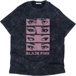 Fuddy Moda Unisex Blackpink Eyes Baskılı Yıkamalı T-Shirt, Oversize Kpop Temalı Vintage Tişört - Siyah - XS