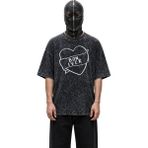 Fuddy Moda Unisex Bon Iver Heart Baskılı Yıkamalı Tişört, Oversize Rock Band Temalı Vintage T-Shirt - Siyah - 3XL