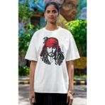 Fuddy Moda Unisex Captain Jack Sparrow Baskılı T-Shirt, Oversize Johnny Depp Baskılı Tişört - Beyaz