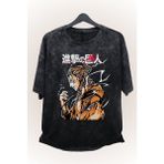 Fuddy Moda Unisex Eren Yeager Yıkamalı Tişört, Oversize Anime Baskılı Vintage T-Shirt - 2XL - Siyah