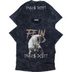 Fuddy Moda Unisex Fein Travis Scott Ense Baskılı Yıkamalı T-Shirt, Oversize Rapper Temalı Vintage Tişört - Siyah