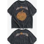 Fuddy Moda Unisex Helloween Ense Baskılı Yıkamalı Tişört, Oversize Rock Band Temalı Vintage Tshirt - Siyah