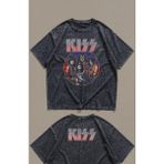 Fuddy Moda Unisex Kiss Members Ense Baskılı Yıkamalı Tişört, Oversize Rock Band Temalı Vintage Tshirt - Siyah - 4XL