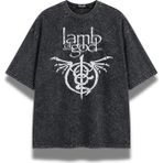 Fuddy Moda Unisex Lamb Of God Logo Baskılı Yıkamalı Tişört, Oversize Rock Band Temalı Vintage Tshirt - Siyah